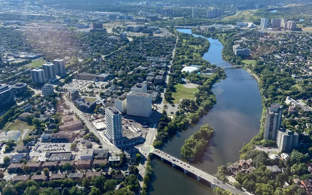 The Ottawa River and the capital&rsquo;s skyline seen from a helicopter