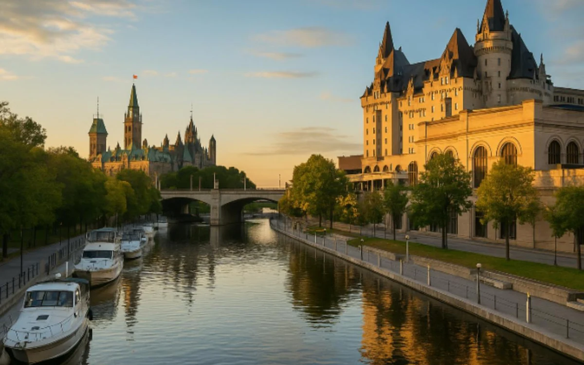 El Rideau Canal entre Parliament Hill y Chateau Laurier al atardecer