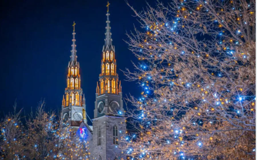 Kathedraltürme, beleuchtet neben einem mit blauen Lichtern geschmückten Baum